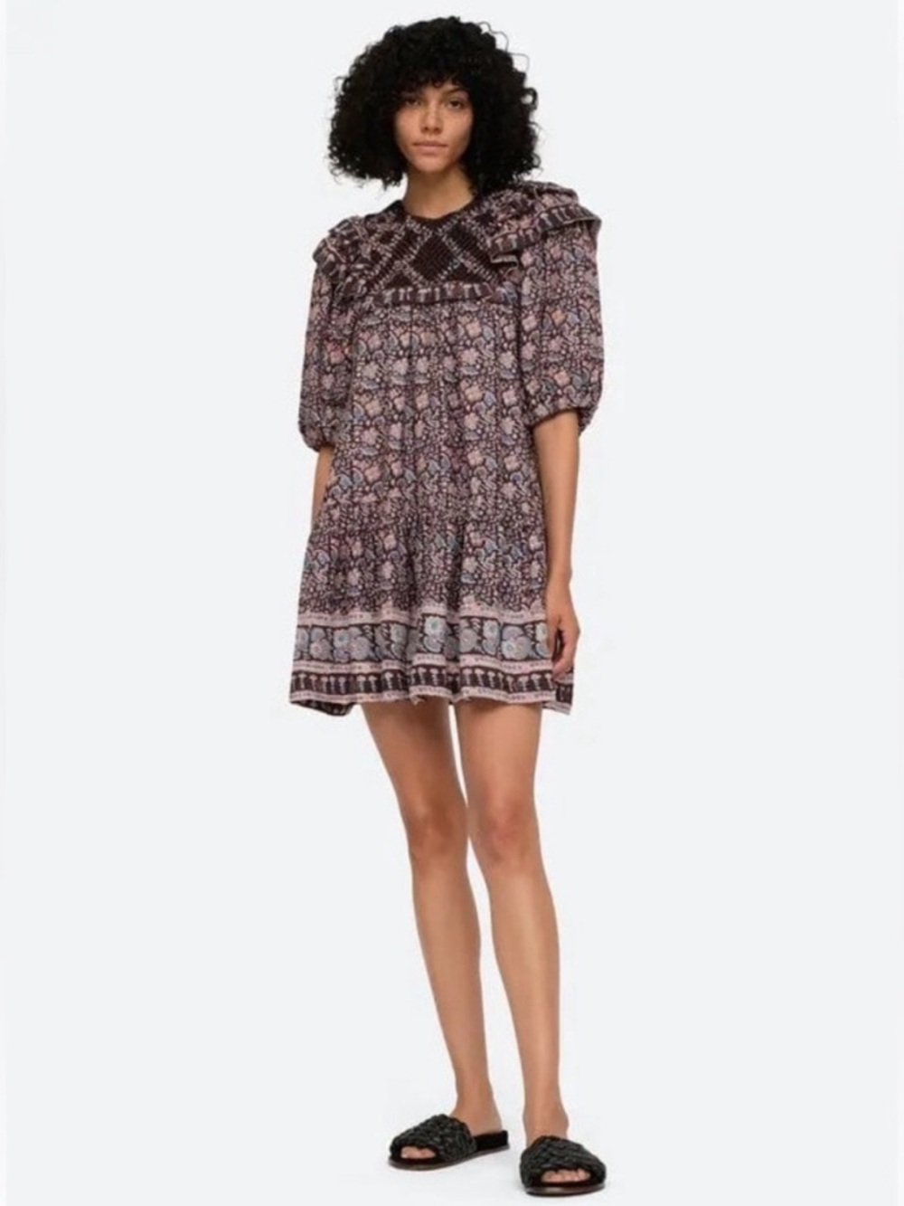 NWOT Sea New York Amaki Border Print Puff Slv Tunic Dress Lillac Sz M